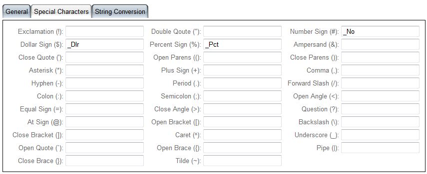 Quickstart Configuration Special Characters tab
